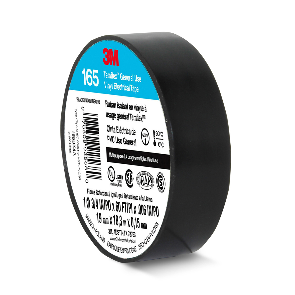 20 ROLLS. 3M TEMFLEX 165 ELECTRICAL TAPE BLACK 3/4
